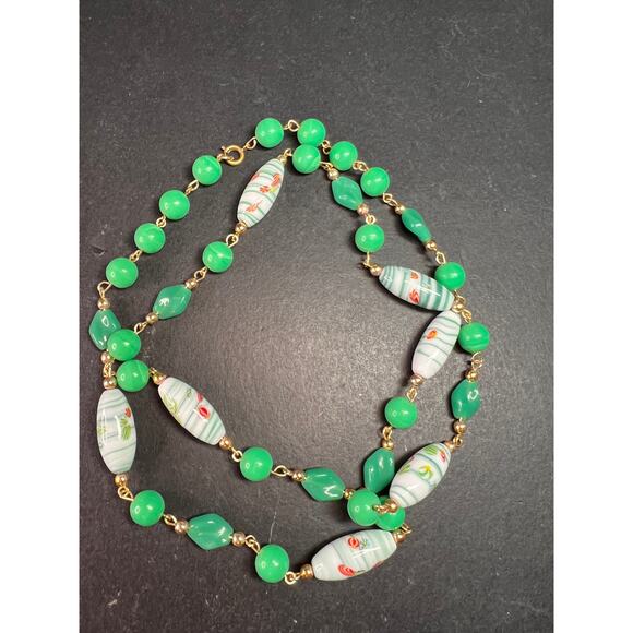 Vintage 32" Italian Murano Art Glass Green Floral Beaded Necklace - Picture 12 of 15